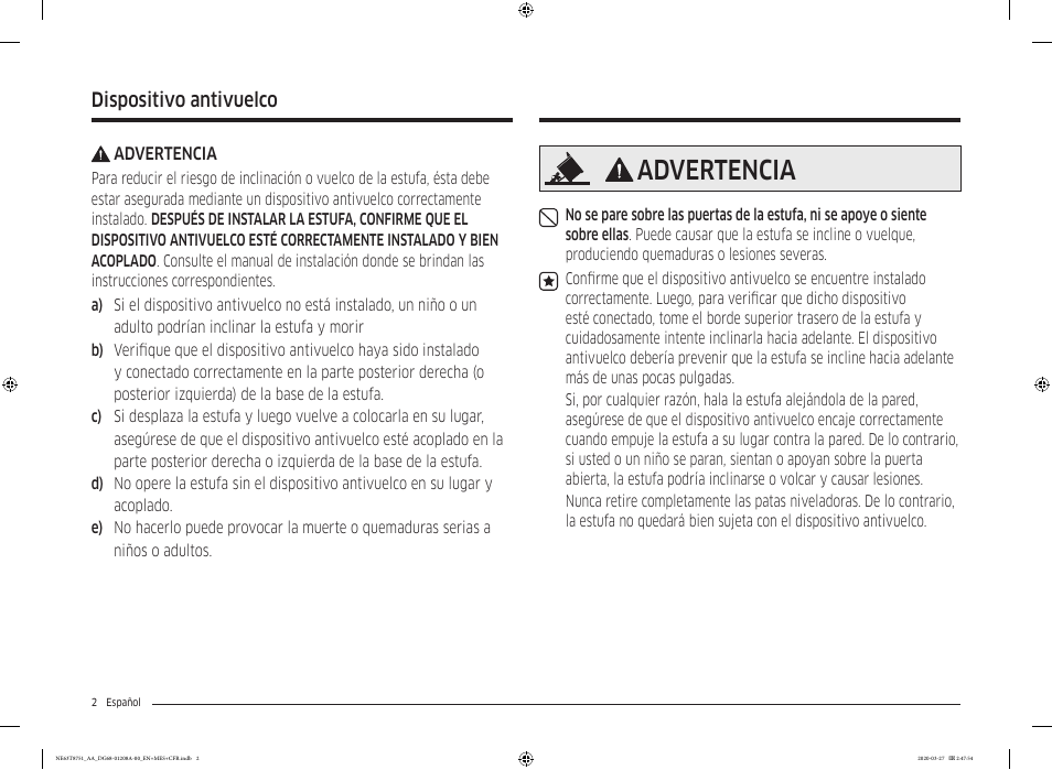Advertencia, Dispositivo antivuelco | Samsung 30 Inch Slide-in Electric Smart Range Owner Manual User Manual | Page 74 / 216