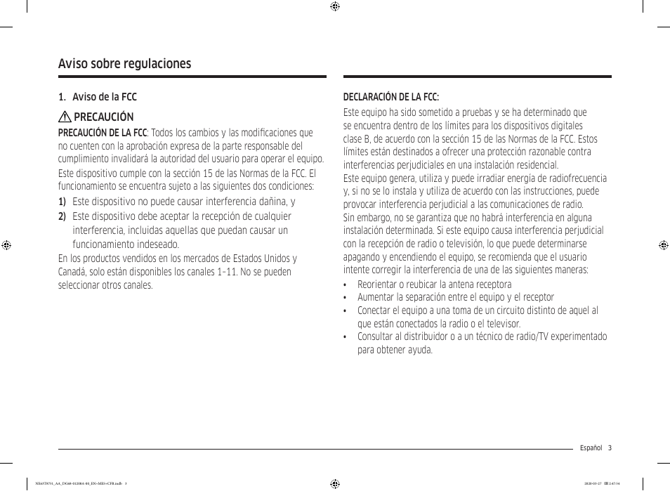 Aviso sobre regulaciones | Samsung 30 Inch Slide-in Electric Smart Range Owner Manual User Manual | Page 75 / 216