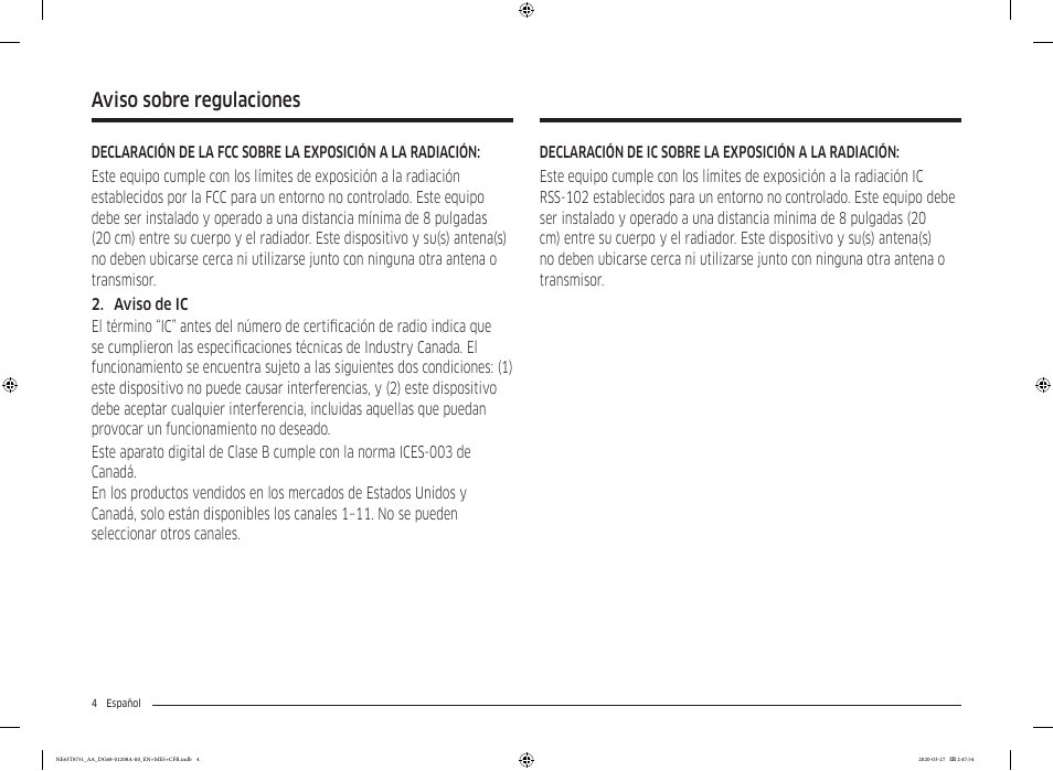 Aviso sobre regulaciones | Samsung 30 Inch Slide-in Electric Smart Range Owner Manual User Manual | Page 76 / 216
