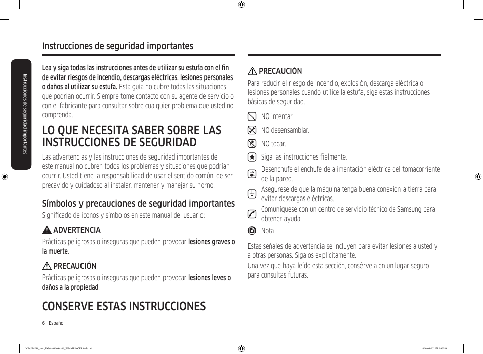 Instrucciones de seguridad importantes, Conserve estas instrucciones, Símbolos y precauciones de seguridad importantes | Samsung 30 Inch Slide-in Electric Smart Range Owner Manual User Manual | Page 78 / 216
