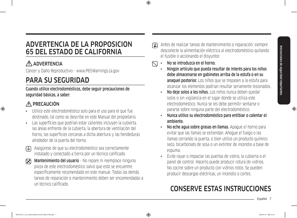 Para su seguridad | Samsung 30 Inch Slide-in Electric Smart Range Owner Manual User Manual | Page 79 / 216