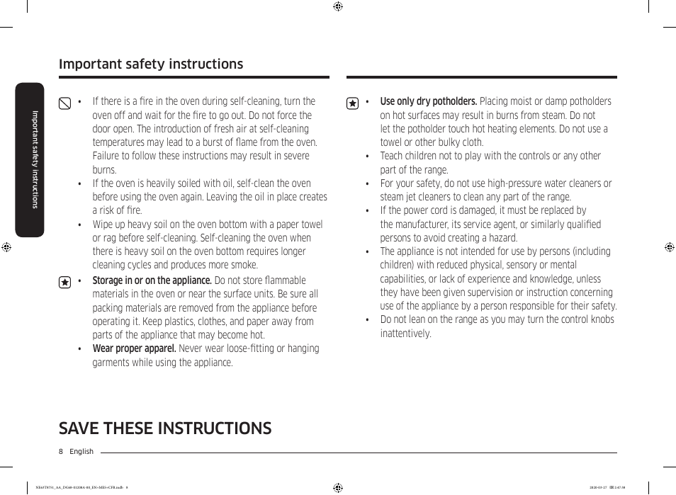 Save these instructions, Important safety instructions | Samsung 30 Inch Slide-in Electric Smart Range Owner Manual User Manual | Page 8 / 216