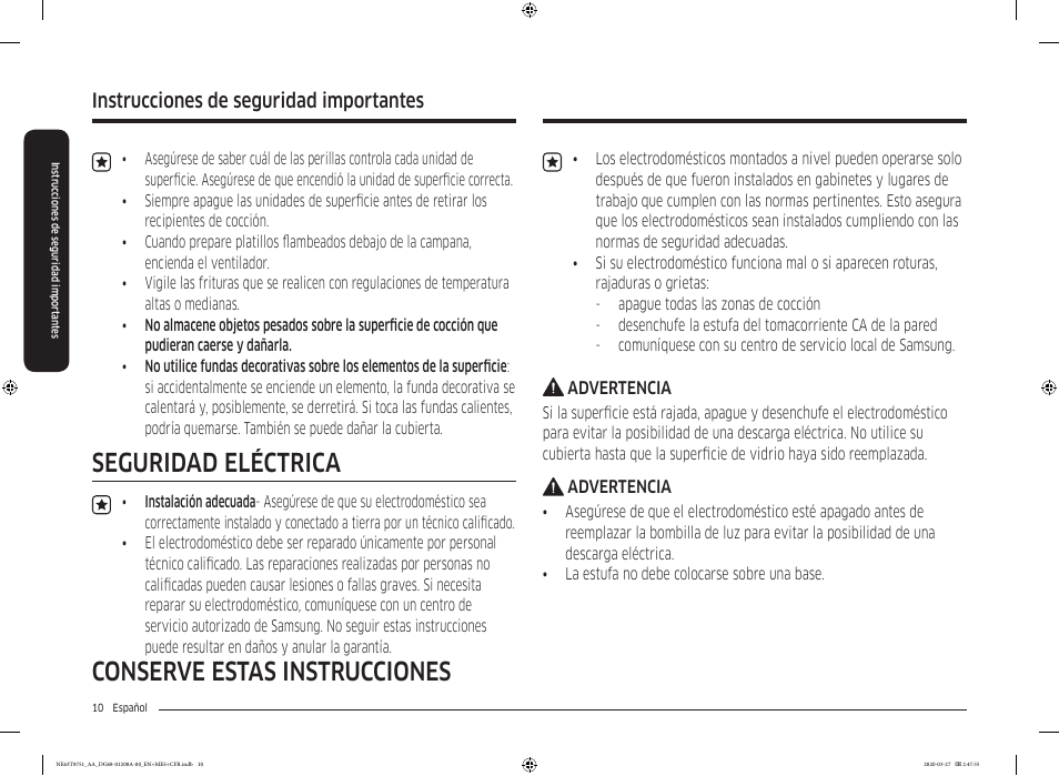 Conserve estas instrucciones, Seguridad eléctrica, Instrucciones de seguridad importantes | Samsung 30 Inch Slide-in Electric Smart Range Owner Manual User Manual | Page 82 / 216