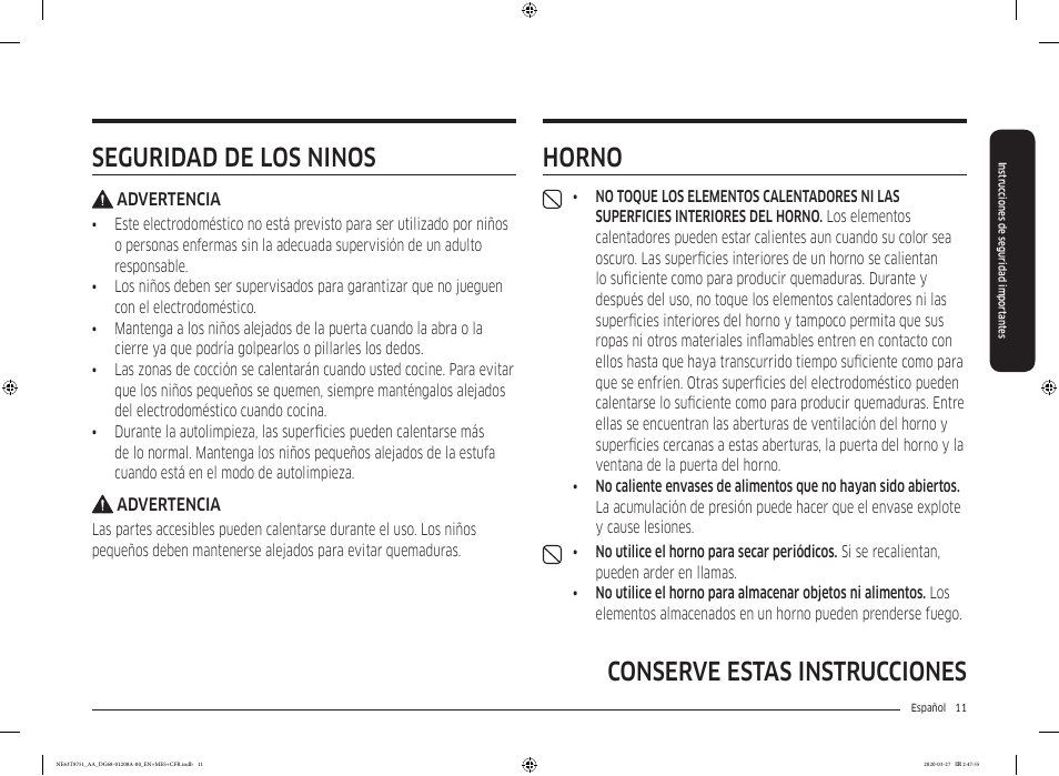 Conserve estas instrucciones horno, Seguridad de los niños | Samsung 30 Inch Slide-in Electric Smart Range Owner Manual User Manual | Page 83 / 216