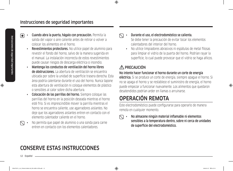 Conserve estas instrucciones, Operación remota, Instrucciones de seguridad importantes | Samsung 30 Inch Slide-in Electric Smart Range Owner Manual User Manual | Page 84 / 216