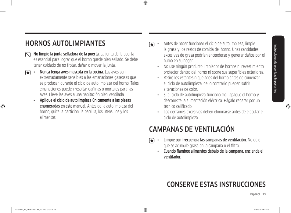 Conserve estas instrucciones, Campanas de ventilación, Hornos autolimpiantes | Samsung 30 Inch Slide-in Electric Smart Range Owner Manual User Manual | Page 85 / 216