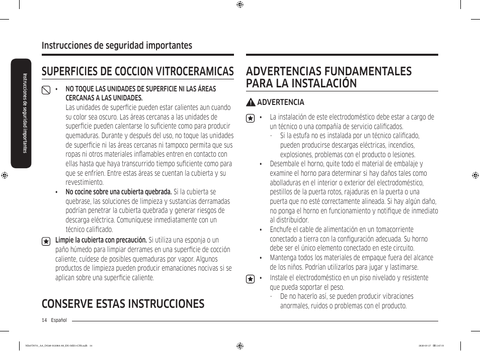Superficies de cocción vitrocerámicas, Instrucciones de seguridad importantes | Samsung 30 Inch Slide-in Electric Smart Range Owner Manual User Manual | Page 86 / 216