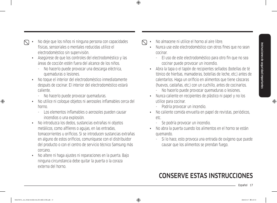 Conserve estas instrucciones | Samsung 30 Inch Slide-in Electric Smart Range Owner Manual User Manual | Page 89 / 216