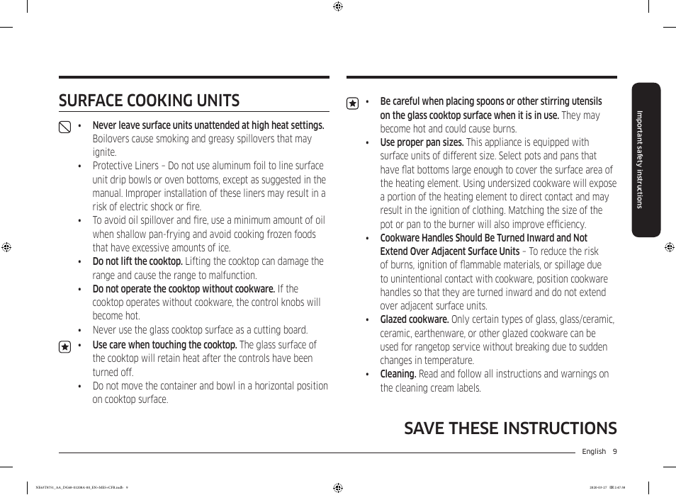 Save these instructions, Surface cooking units | Samsung 30 Inch Slide-in Electric Smart Range Owner Manual User Manual | Page 9 / 216