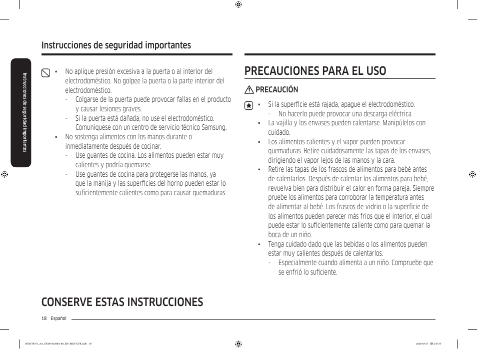 Instrucciones de seguridad importantes | Samsung 30 Inch Slide-in Electric Smart Range Owner Manual User Manual | Page 90 / 216