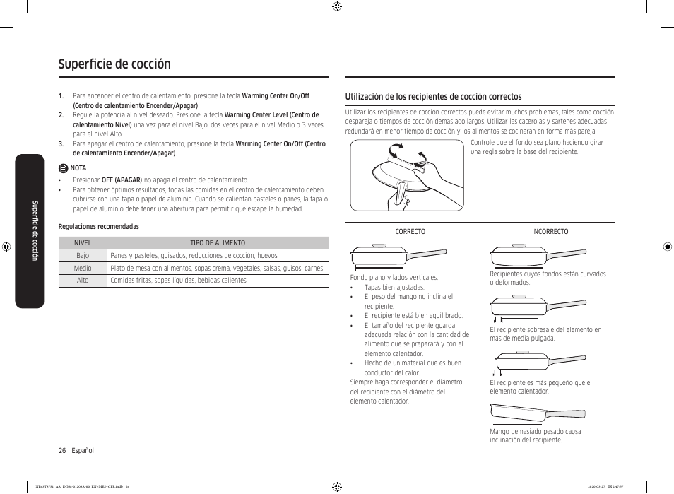 Ción, En la, Superficie de cocción | Samsung 30 Inch Slide-in Electric Smart Range Owner Manual User Manual | Page 98 / 216