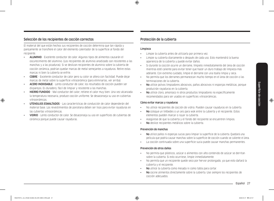 Selección de los recipientes de cocción correctos, Protección de la cubierta | Samsung 30 Inch Slide-in Electric Smart Range Owner Manual User Manual | Page 99 / 216