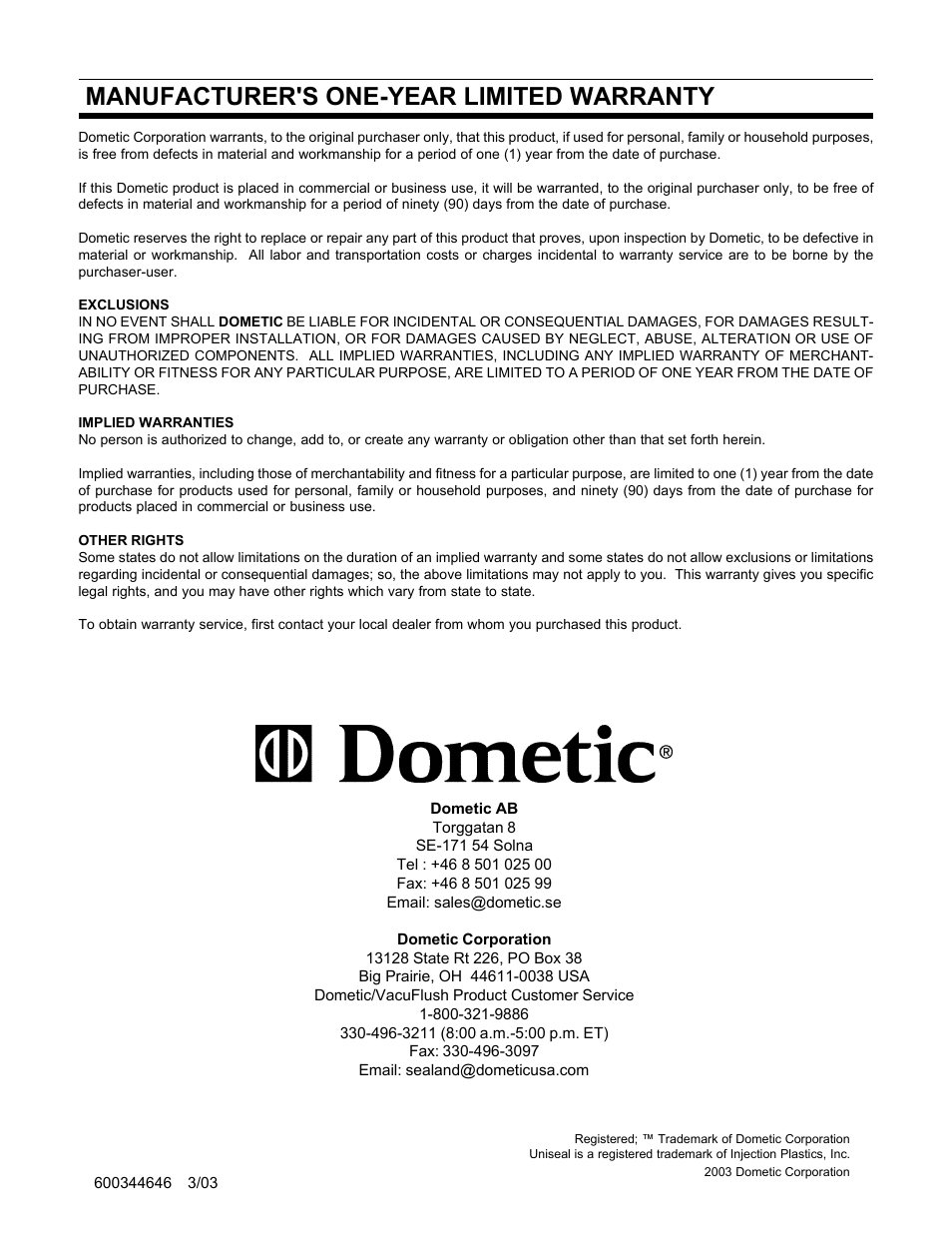 Warranty, Manufacturer's one-year limited warranty | Dometic VACUFLUSH 1600 User Manual | Page 24 / 24