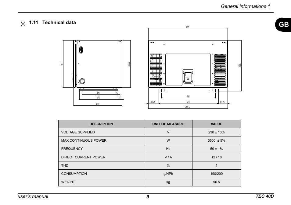User’s manual 9, General informations 1 1.11 technical data | Dometic TEC 40D User Manual | Page 11 / 28