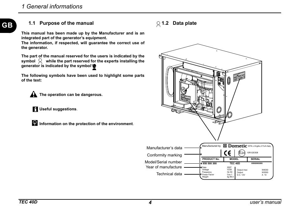 1 general informations, 4user’s manual, 2 data plate 1.1 purpose of the manual | Tec 40d | Dometic TEC 40D User Manual | Page 6 / 28