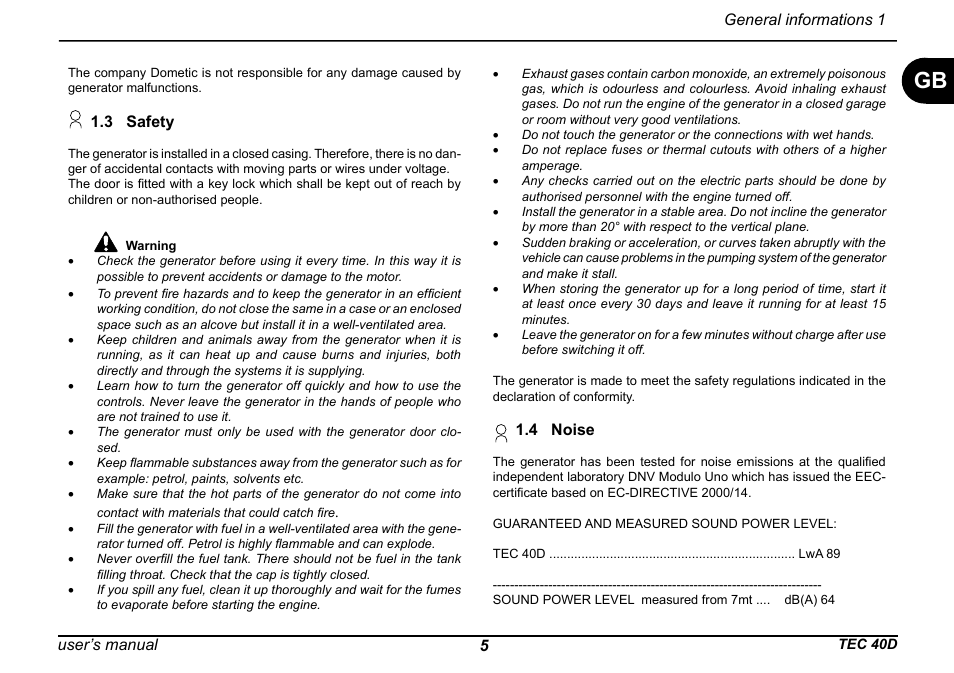 User’s manual 5, 3 safety, 4 noise | General informations 1 | Dometic TEC 40D User Manual | Page 7 / 28