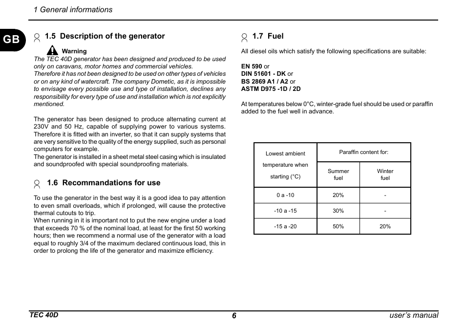 6user’s manual, 5 description of the generator, 6 recommandations for use | 1 general informations, 7 fuel | Dometic TEC 40D User Manual | Page 8 / 28
