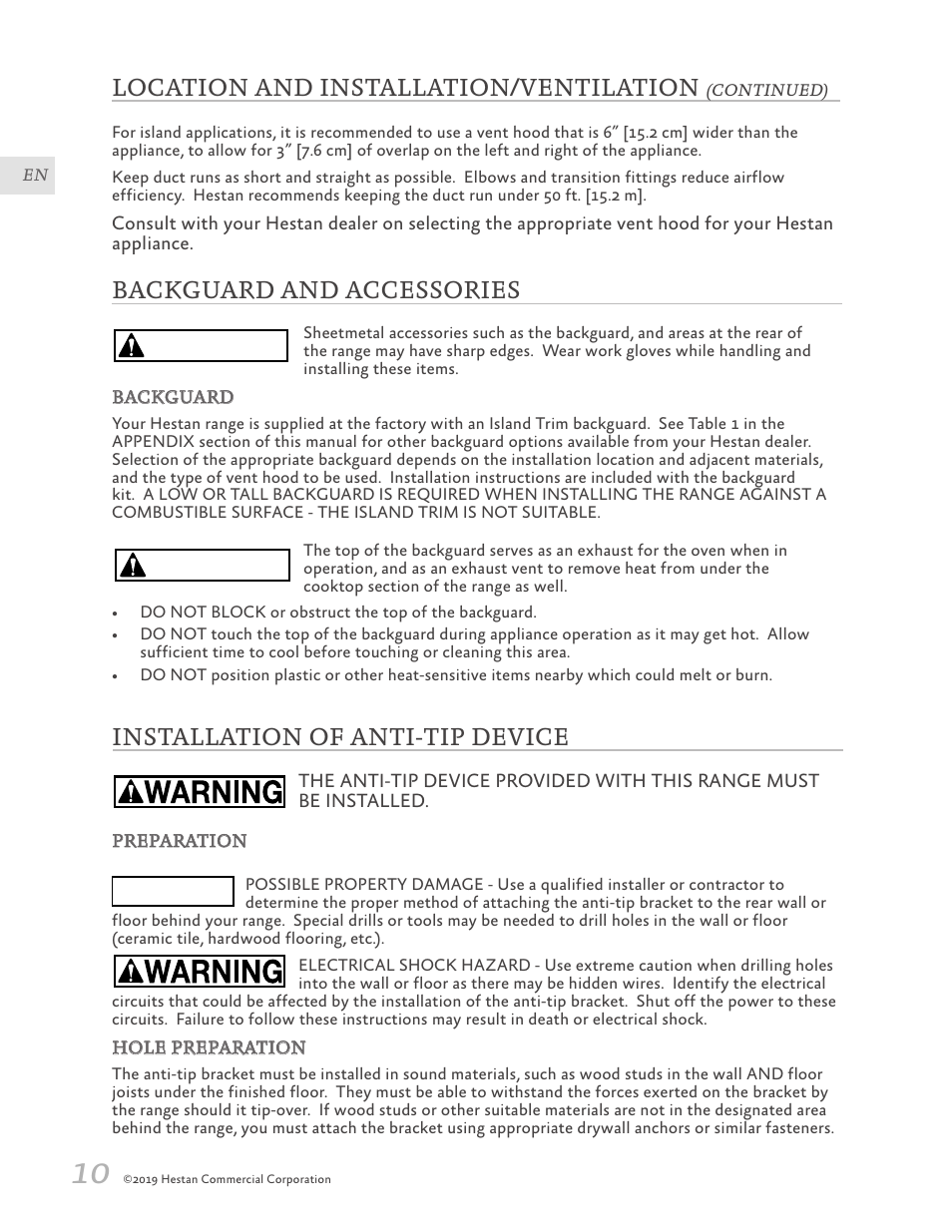 Backguard and accessories, Installation of anti-tip device, Caution | Notice, Location and installation/ventilation | Hestan 30 Inch Freestanding Professional Gas Range Installation Manual User Manual | Page 12 / 40