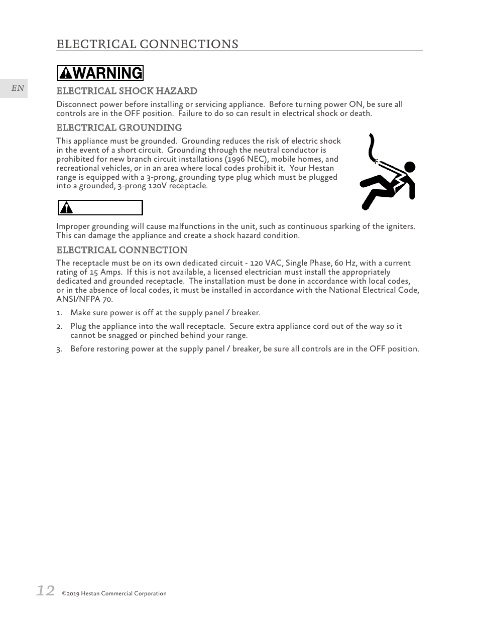 Electrical connections, 12 electrical connections, Caution | Hestan 30 Inch Freestanding Professional Gas Range Installation Manual User Manual | Page 14 / 40