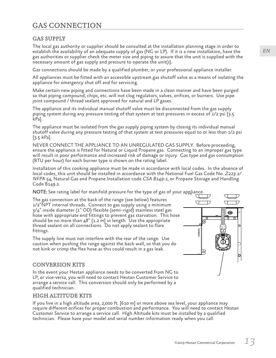 Gas connection, 13 gas connection | Hestan 30 Inch Freestanding Professional Gas Range Installation Manual User Manual | Page 15 / 40