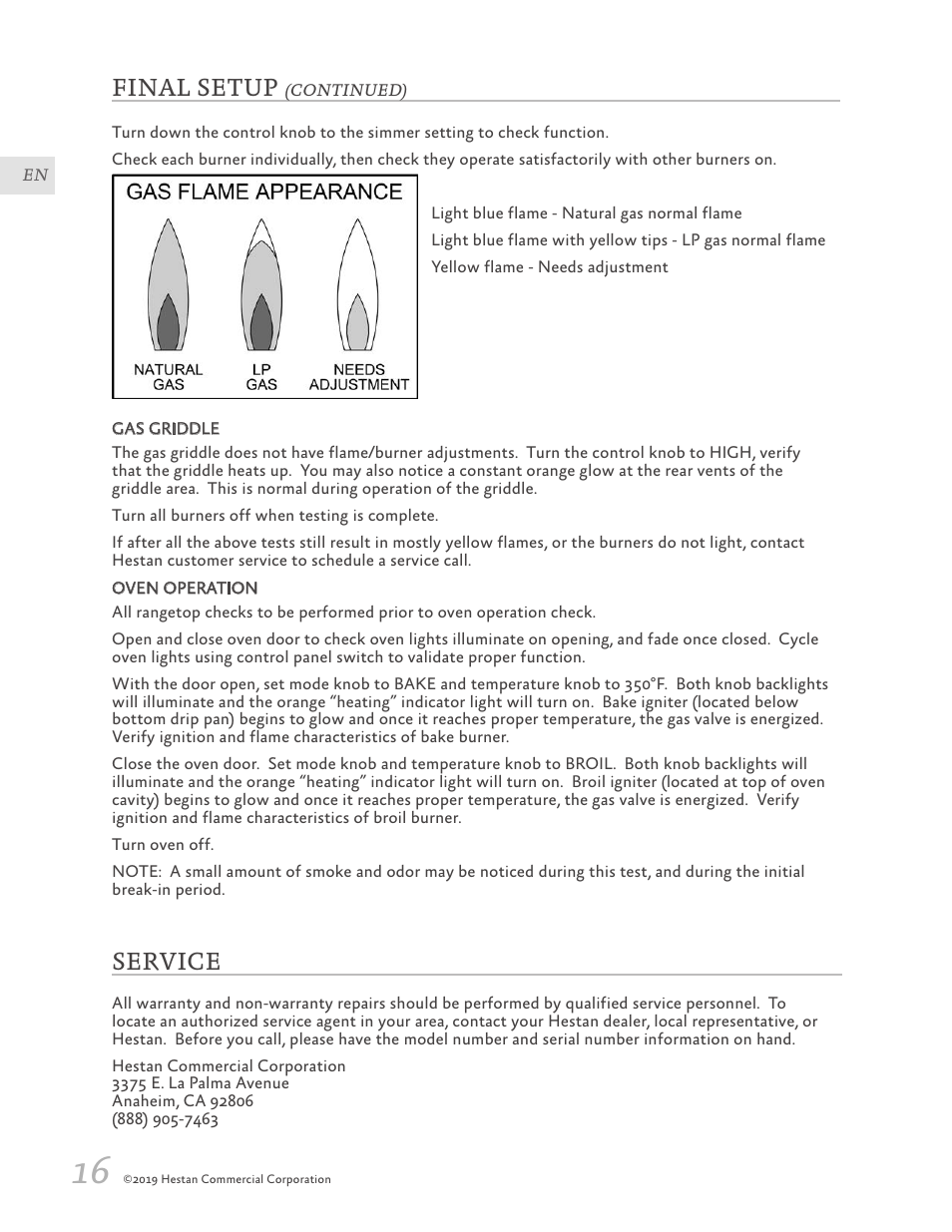 Service, 16 service, Final setup | Hestan 30 Inch Freestanding Professional Gas Range Installation Manual User Manual | Page 18 / 40