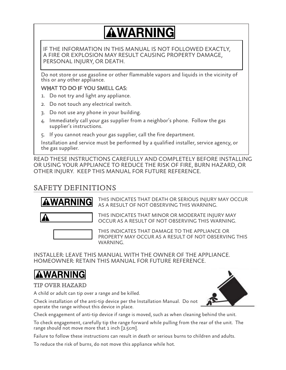 Caution, Notice, Safety definitions | Hestan 30 Inch Freestanding Professional Gas Range Installation Manual User Manual | Page 2 / 40