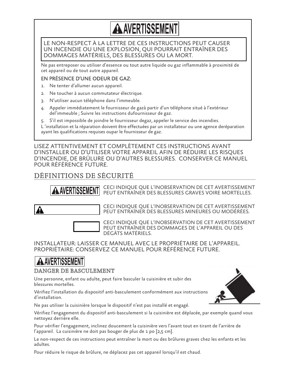 Avis, Précaution, Définitions de sécurité | Hestan 30 Inch Freestanding Professional Gas Range Installation Manual User Manual | Page 20 / 40