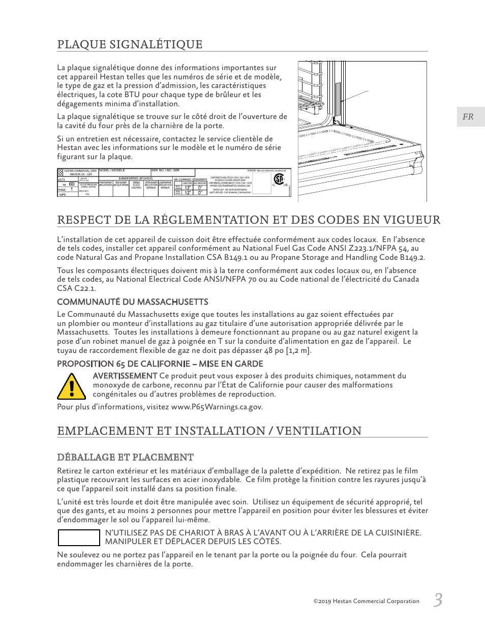 Plaque signalétique, Emplacement et installation / ventilation, Avis | Hestan 30 Inch Freestanding Professional Gas Range Installation Manual User Manual | Page 23 / 40