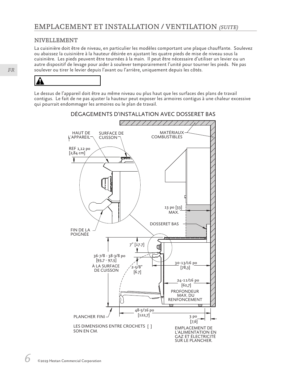 Précaution, Emplacement et installation / ventilation, Vue de côté | Hestan 30 Inch Freestanding Professional Gas Range Installation Manual User Manual | Page 26 / 40