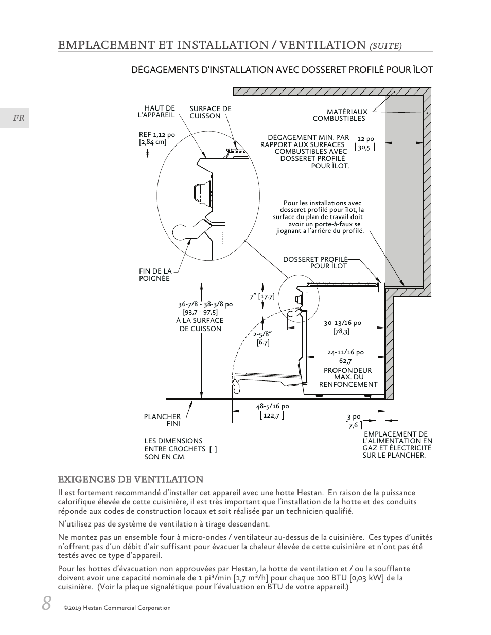 Emplacement et installation / ventilation, Vue de côté | Hestan 30 Inch Freestanding Professional Gas Range Installation Manual User Manual | Page 28 / 40