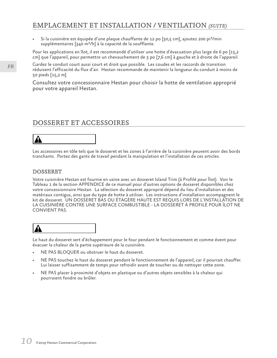 Dosseret et accessoires, 10 dosseret et accessoires, Précaution | Emplacement et installation / ventilation | Hestan 30 Inch Freestanding Professional Gas Range Installation Manual User Manual | Page 30 / 40