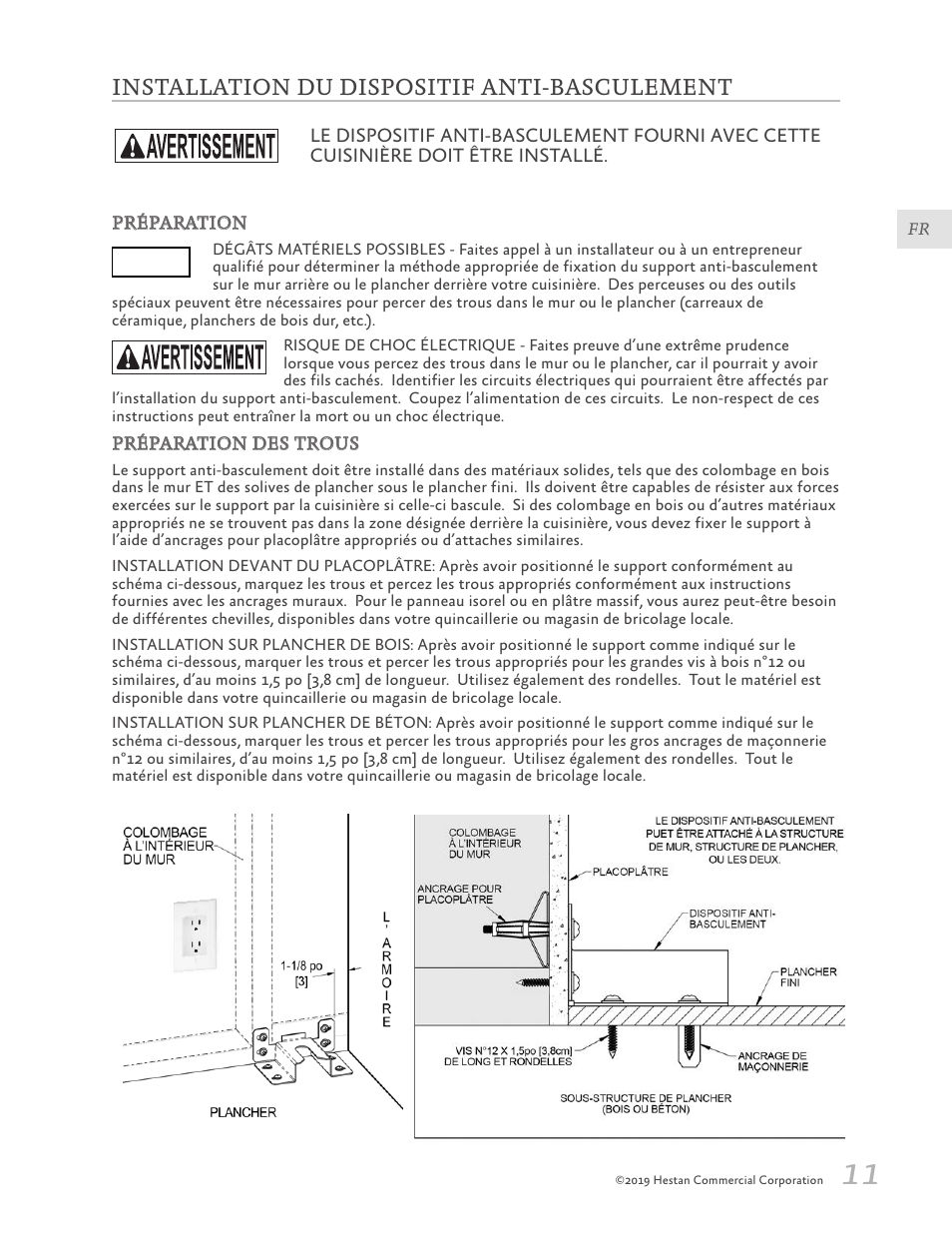 Installation du dispositif anti-basculement, 11 installation du dispositif anti-basculement, Avis | Hestan 30 Inch Freestanding Professional Gas Range Installation Manual User Manual | Page 31 / 40