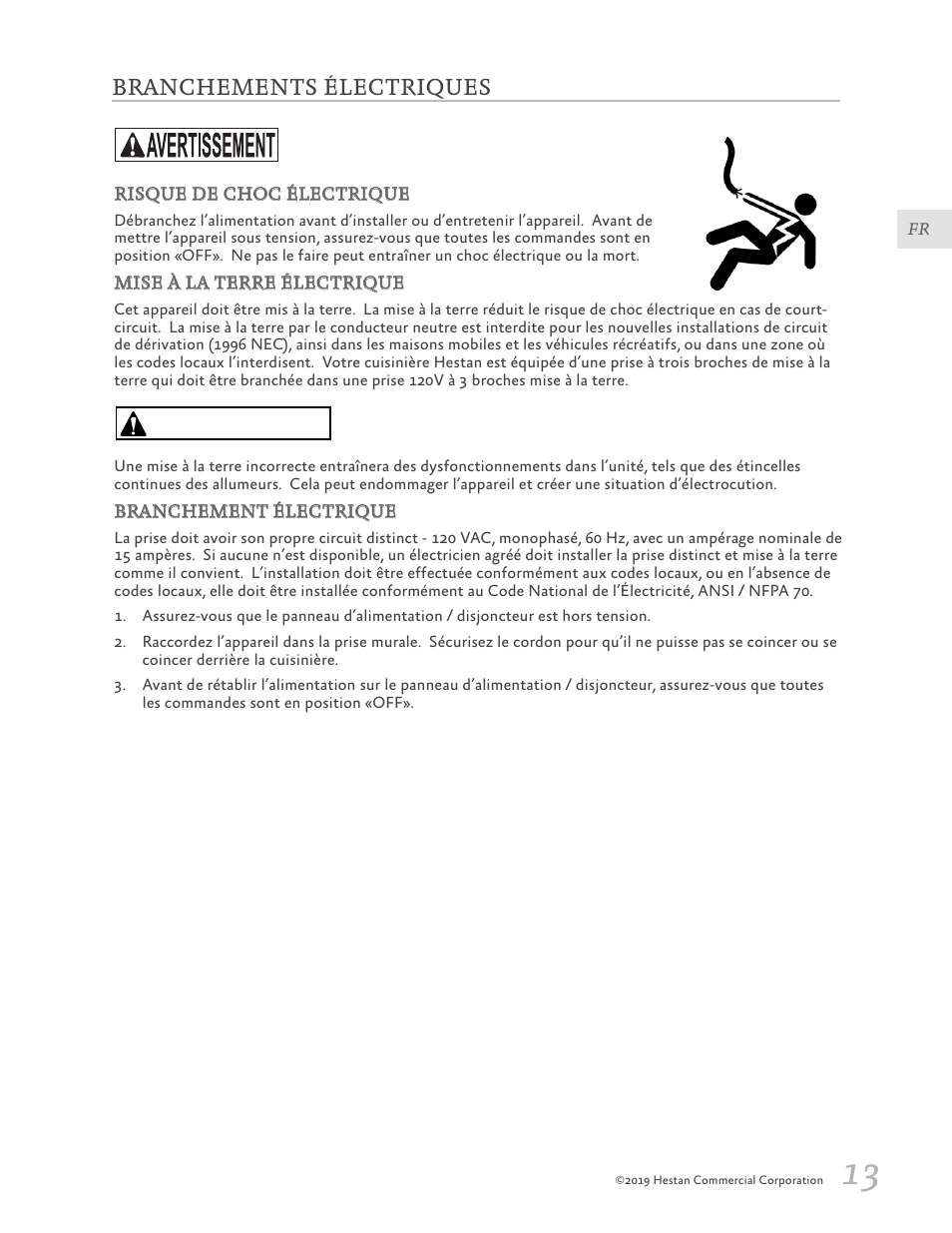 Branchements électriques, 13 branchements électriques, Précaution | Hestan 30 Inch Freestanding Professional Gas Range Installation Manual User Manual | Page 33 / 40