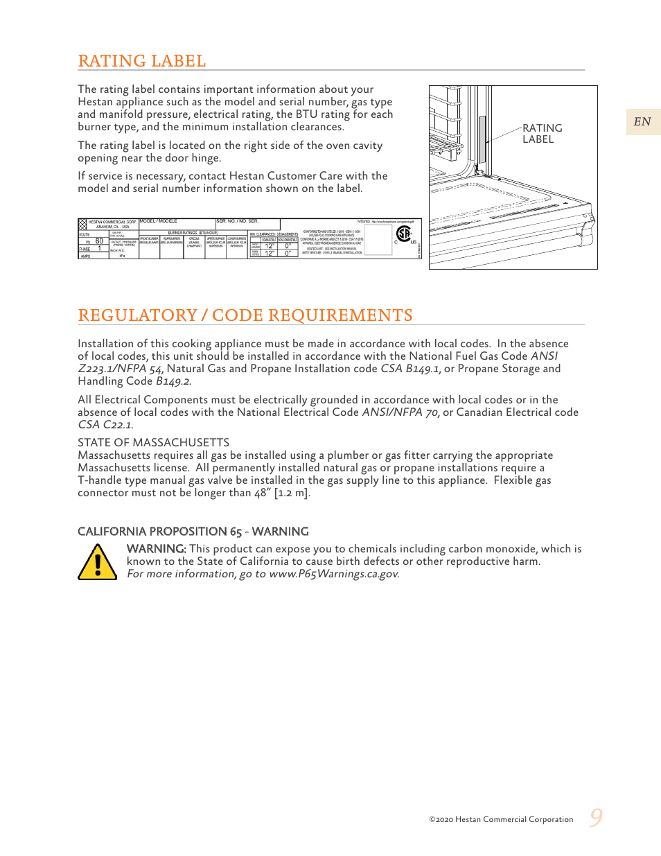 Rating label, Regulatory / code requirements | Hestan 30 Inch Freestanding Professional Gas Range Use and Care Manual User Manual | Page 11 / 80