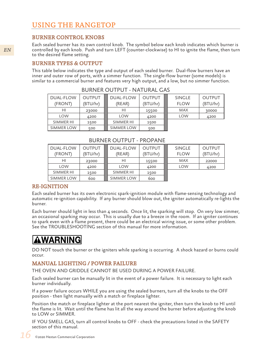 Using the rangetop, 16 using the rangetop, Burner output - propane | Burner output - natural gas | Hestan 30 Inch Freestanding Professional Gas Range Use and Care Manual User Manual | Page 18 / 80
