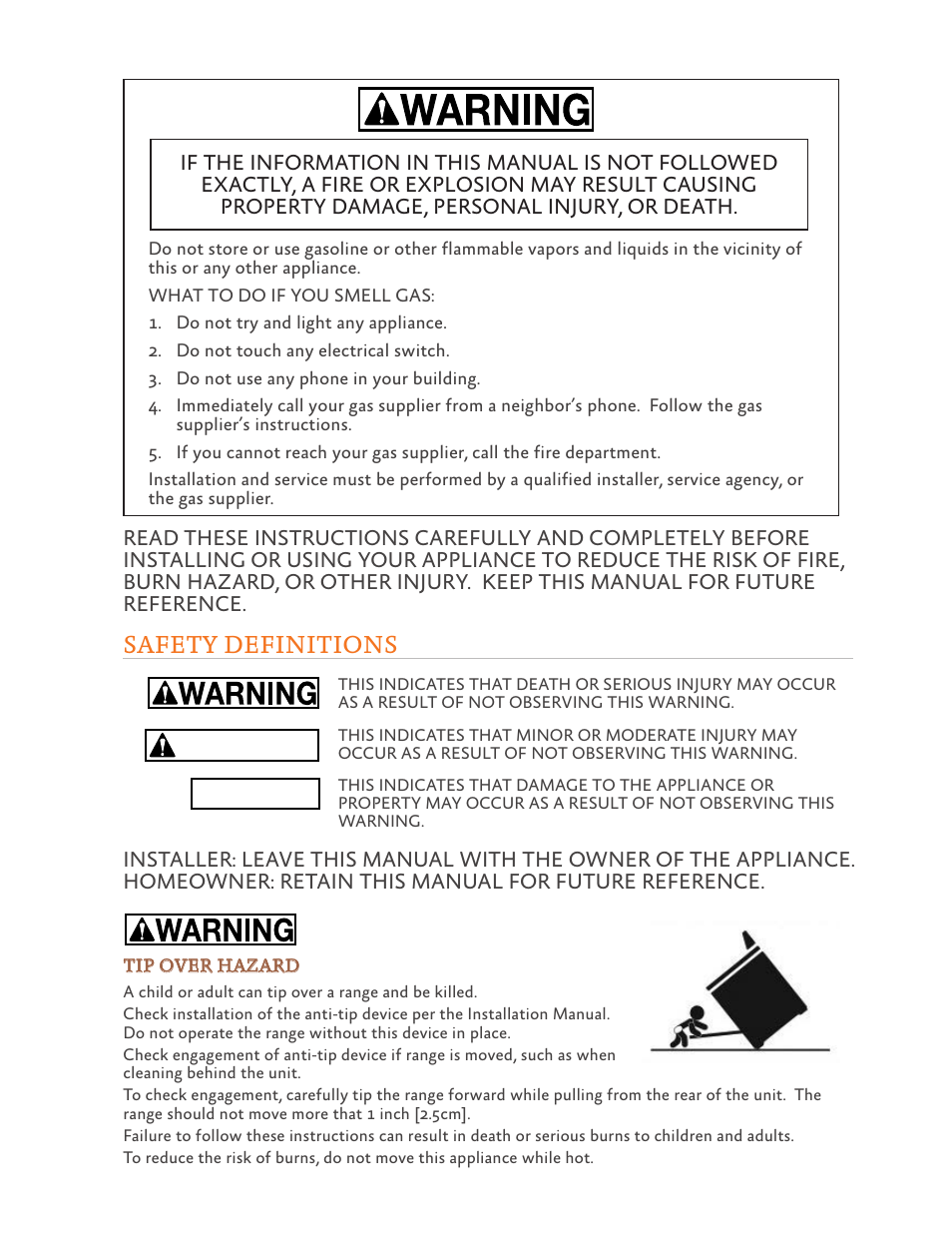 Caution, Notice, Safety definitions | Hestan 30 Inch Freestanding Professional Gas Range Use and Care Manual User Manual | Page 2 / 80
