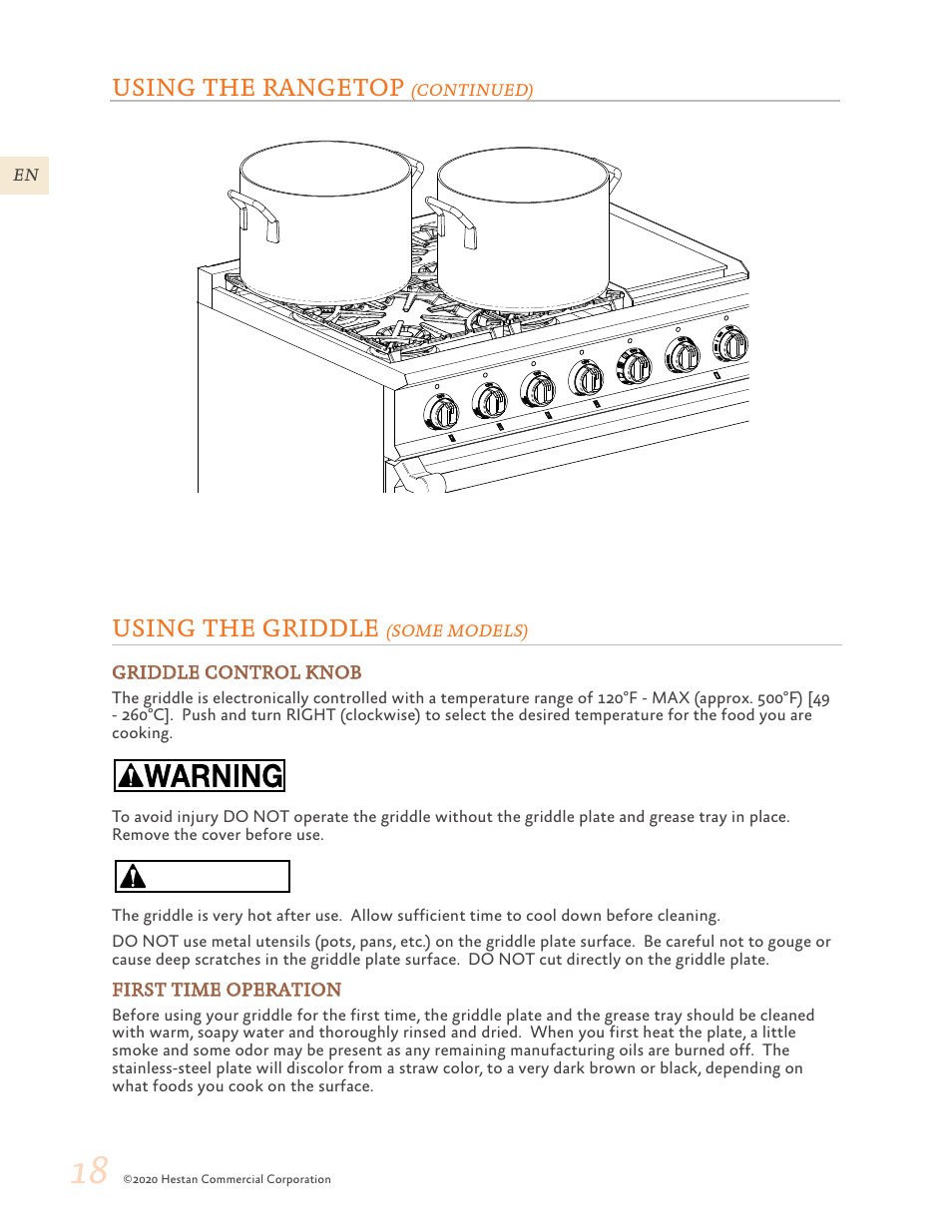 Using the griddle (some models), 18 using the griddle, Some models) | Caution, Using the griddle, Using the rangetop | Hestan 30 Inch Freestanding Professional Gas Range Use and Care Manual User Manual | Page 20 / 80