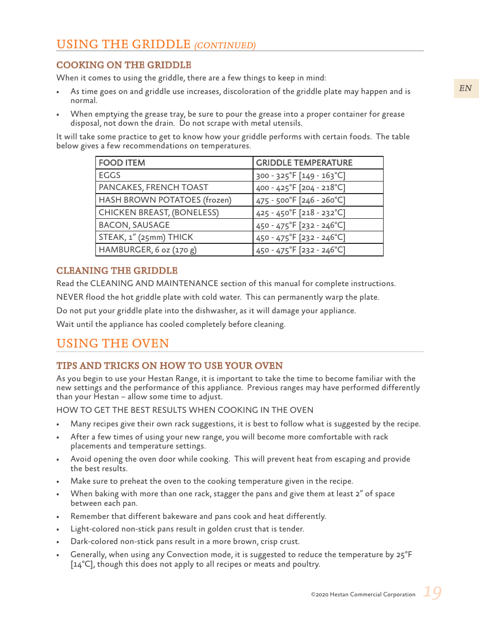 Using the oven, 19 using the oven, Using the griddle | Hestan 30 Inch Freestanding Professional Gas Range Use and Care Manual User Manual | Page 21 / 80