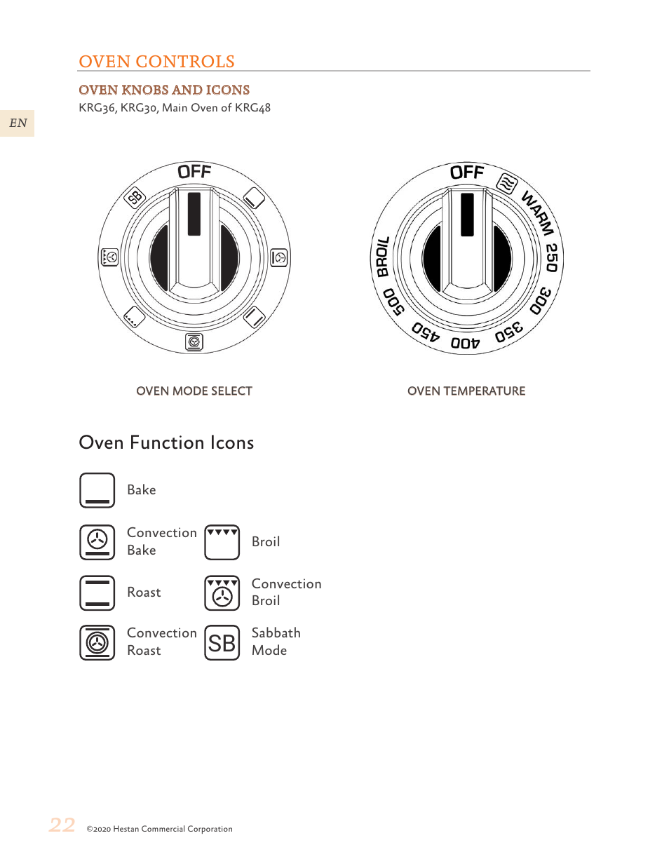 Oven controls, 22 oven controls, Oven function icons | Hestan 30 Inch Freestanding Professional Gas Range Use and Care Manual User Manual | Page 24 / 80