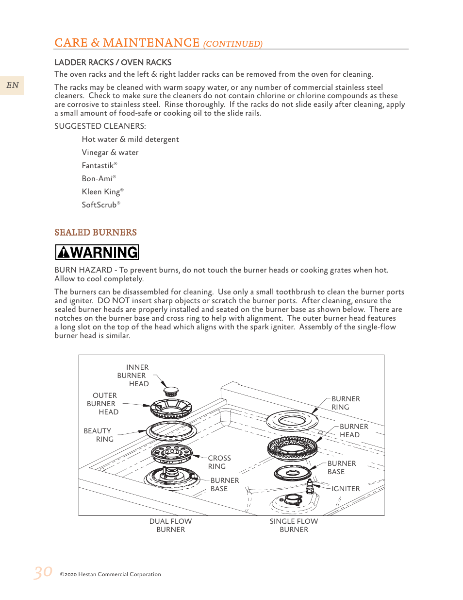 Care & maintenance | Hestan 30 Inch Freestanding Professional Gas Range Use and Care Manual User Manual | Page 32 / 80