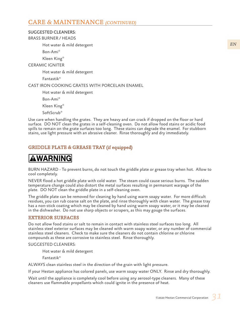 Care & maintenance | Hestan 30 Inch Freestanding Professional Gas Range Use and Care Manual User Manual | Page 33 / 80