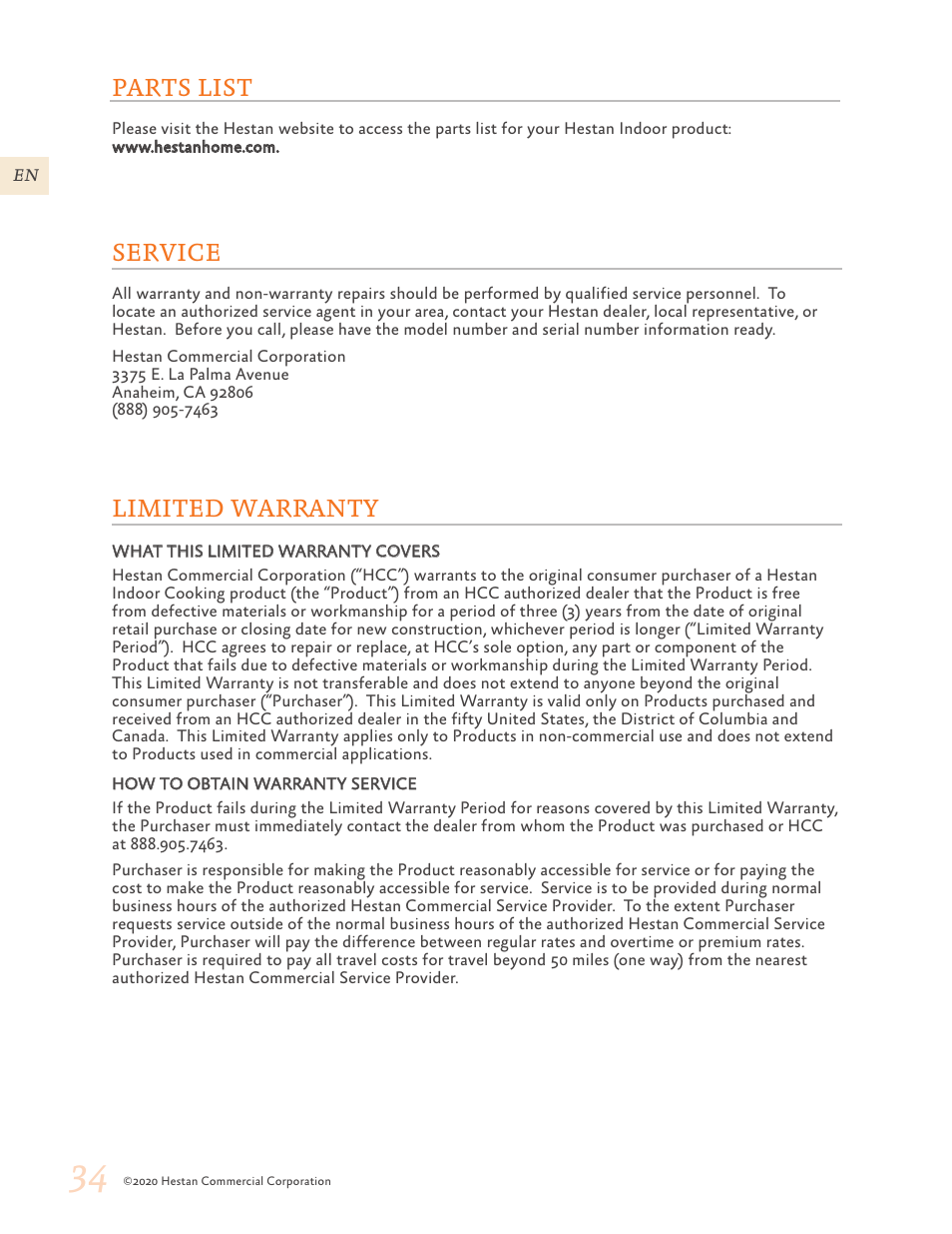 Parts list, Service, Limited warranty | 34 parts list 34 service 34 limited warranty | Hestan 30 Inch Freestanding Professional Gas Range Use and Care Manual User Manual | Page 36 / 80