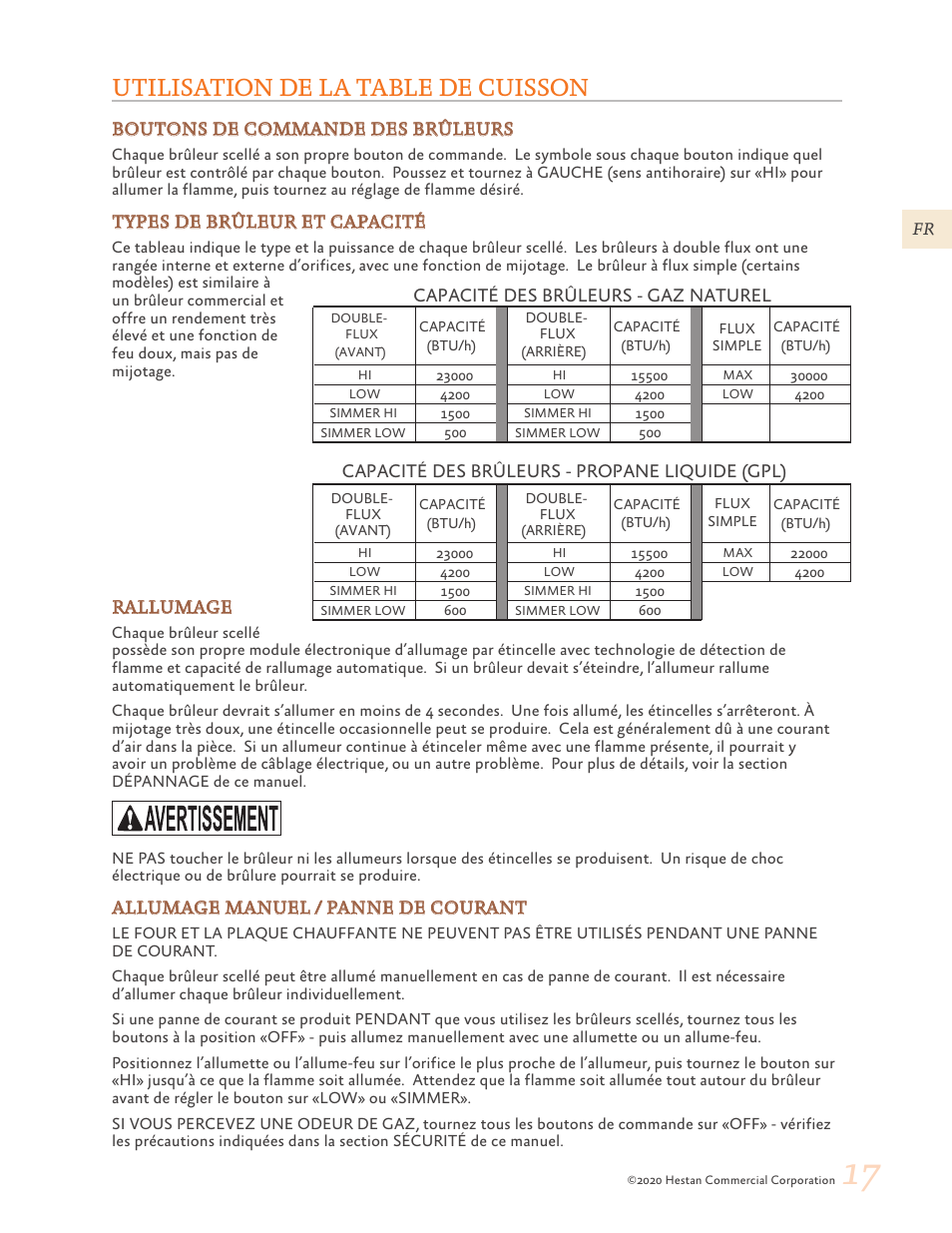 Utilisation de la table de cuisson, 17 utilisation de la table de cuisson | Hestan 30 Inch Freestanding Professional Gas Range Use and Care Manual User Manual | Page 57 / 80