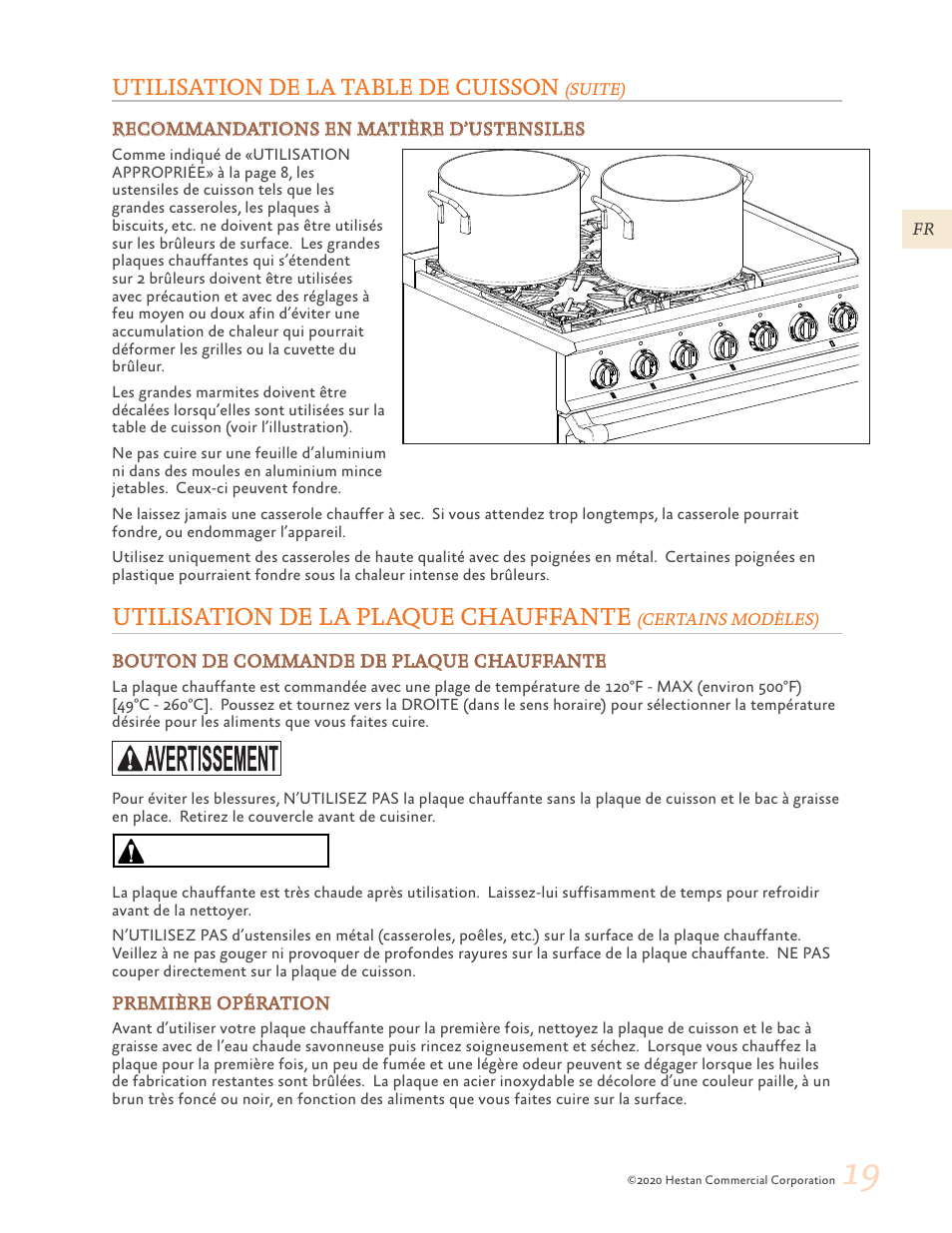 19 utilisation de la plaque chauffante, Certains modèles), Précaution | Utilisation de la plaque chauffante, Utilisation de la table de cuisson | Hestan 30 Inch Freestanding Professional Gas Range Use and Care Manual User Manual | Page 59 / 80