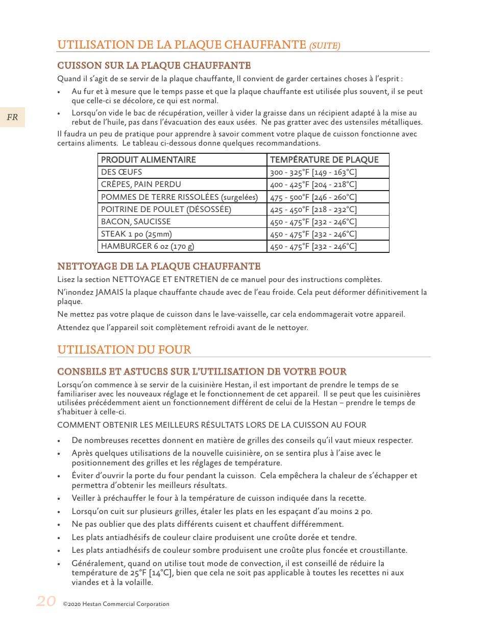 Utilisation du four, 20 utilisation du four, Utilisation de la plaque chauffante | Hestan 30 Inch Freestanding Professional Gas Range Use and Care Manual User Manual | Page 60 / 80