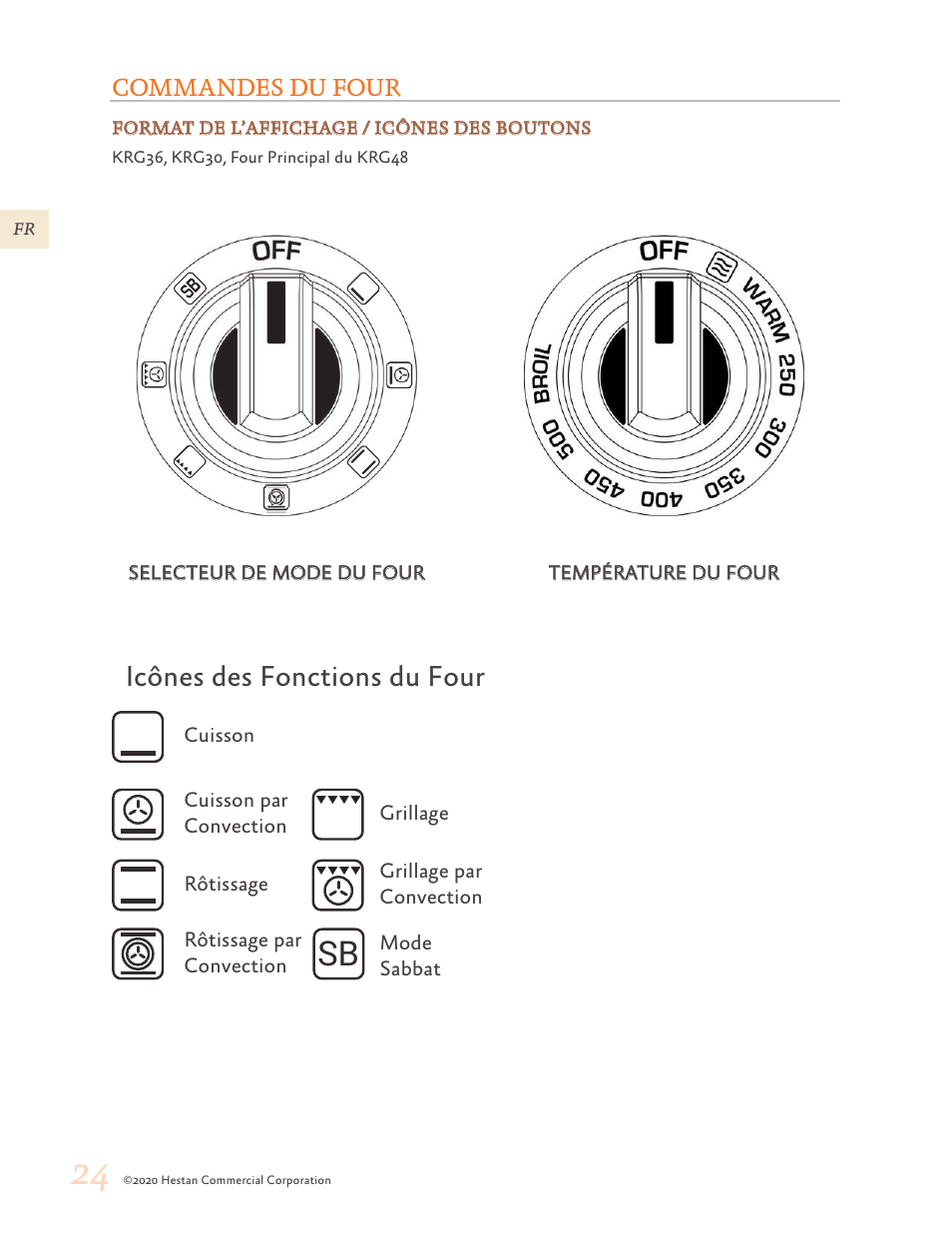 Commandes du four, 24 commandes du four, Icônes des fonctions du four | Hestan 30 Inch Freestanding Professional Gas Range Use and Care Manual User Manual | Page 64 / 80