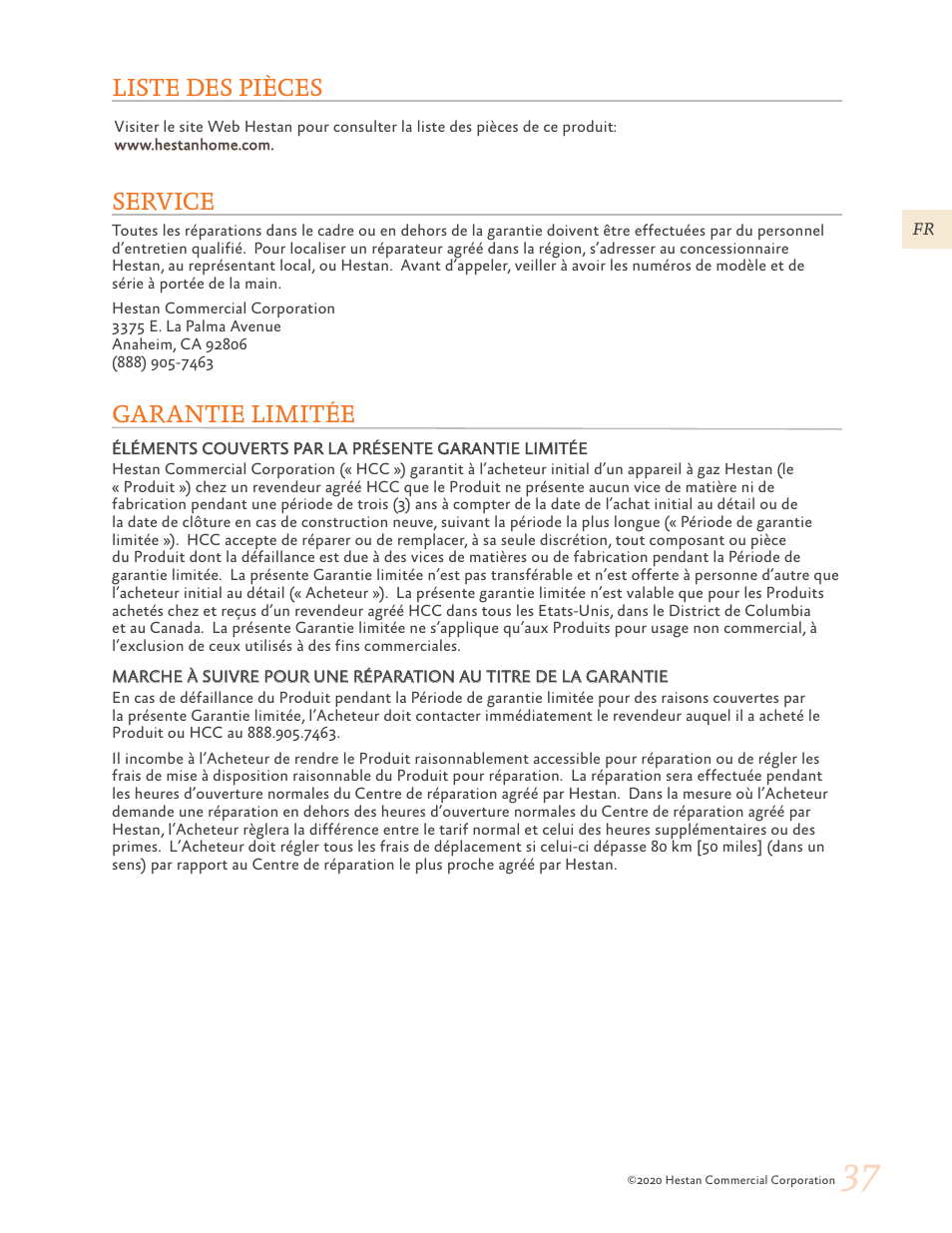 Liste des pièces, Service, Garantie limitée | 37 liste des pièces 37 service 37 garantie limitée, Liste des pièces service garantie limitée | Hestan 30 Inch Freestanding Professional Gas Range Use and Care Manual User Manual | Page 77 / 80
