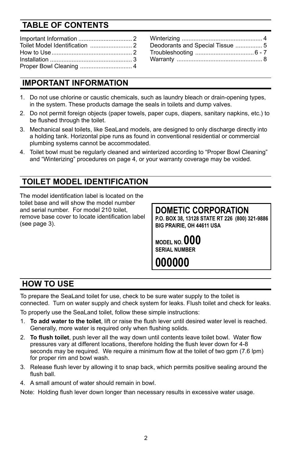 Dometic SEALAND 110 User Manual | Page 2 / 8