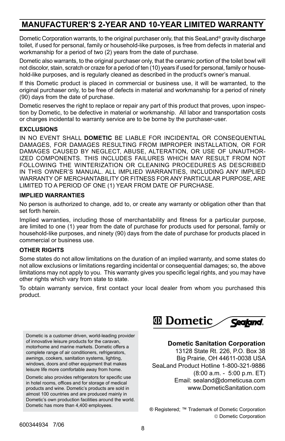 Warranty, Manufacturer’s 2-year and 10-year limited warranty | Dometic SEALAND 110 User Manual | Page 8 / 8