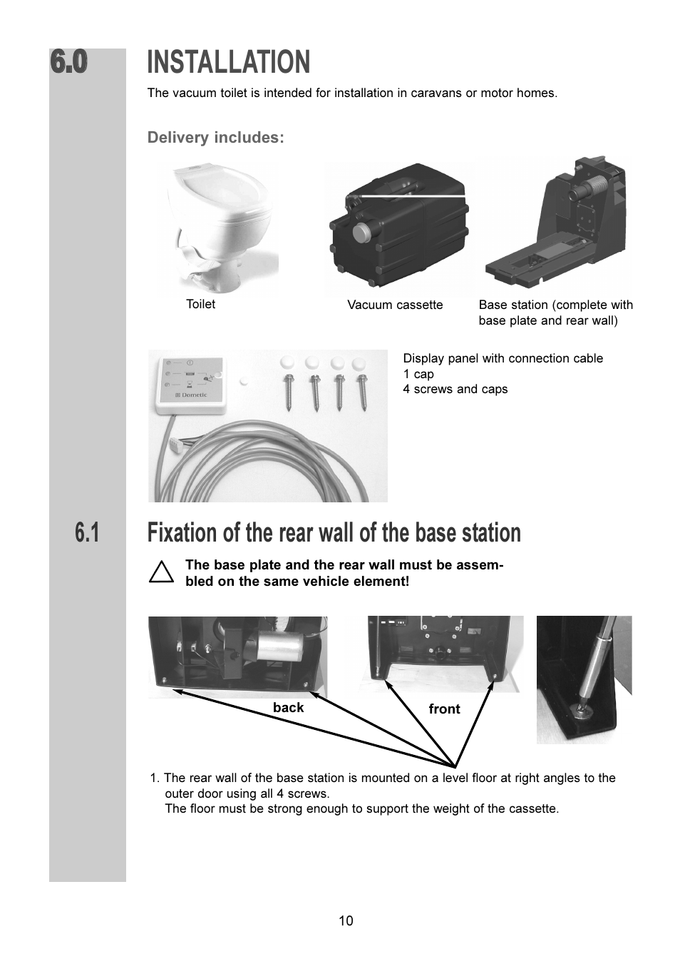 Installation, Fixation of the rear wall of the base station | Dometic VT 2500 User Manual | Page 10 / 16